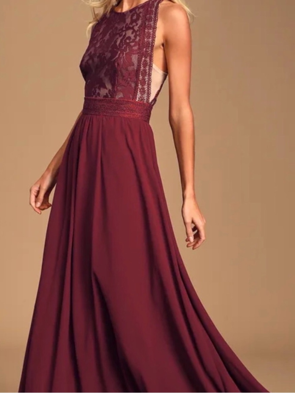 Lulu's Forever & Always Burgundy Lace Bodice Maxi Dress